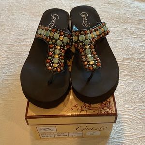 Dark brown jeweled wedge sandals